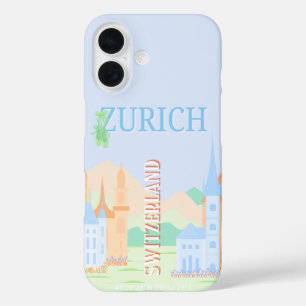 Zurich Travel Art, Switzerland, Blue Retro Travel iPhone 16 Case