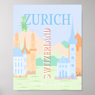 Zurich Travel Art, Switzerland, Blue Retro Travel  Poster