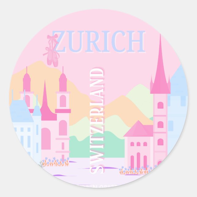 Zurich Travel Art, Switzerland, Pink Preppy  Classic Round Sticker (Front)