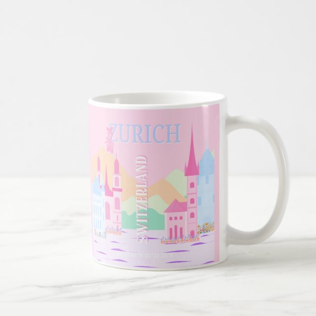 Zurich Travel Art, Switzerland, Pink Preppy  Coffee Mug (Right)
