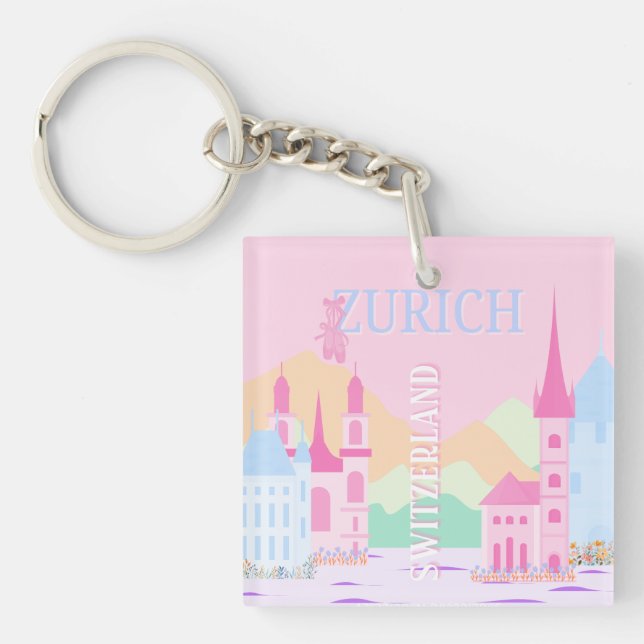 Zurich Travel Art, Switzerland, Pink Preppy  Keychain (Front)