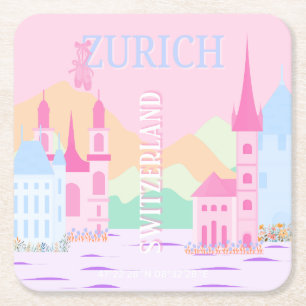 Zurich Travel Art, Switzerland, Pink Preppy Square Paper Coaster