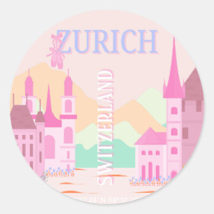 Zurich Travel Art, Switzerland, Pink Retro Travel  Classic Round Sticker