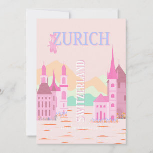 Zurich Travel Art, Switzerland, Pink Retro Travel  Holiday Card