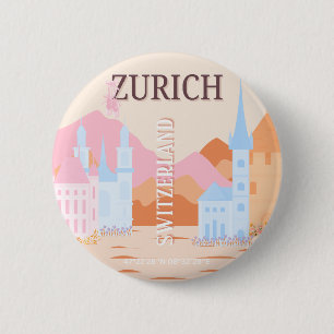 Zurich Travel Art, Switzerland, Retro Travel Art 2 Inch Round Button
