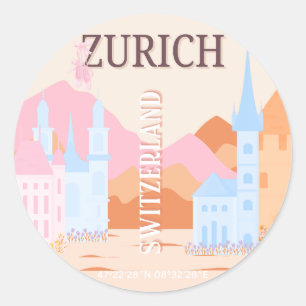Zurich Travel Art, Switzerland, Retro Travel Art Classic Round Sticker