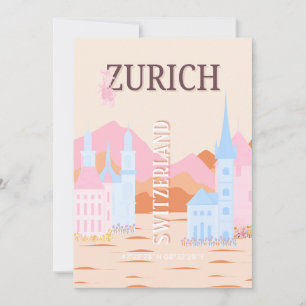 Zurich Travel Art, Switzerland, Retro Travel Art Holiday Card