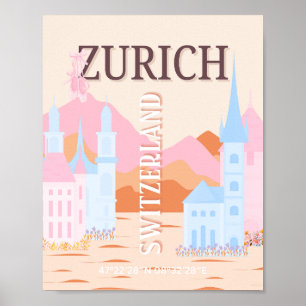 Zurich Travel Art, Switzerland, Retro Travel Art Poster