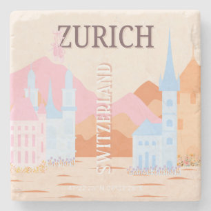 Zurich Travel Art, Switzerland, Retro Travel Art Stone Coaster
