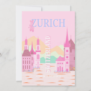 Zurich Travel Art, Switzerland Travel Art, Pink Holiday Card