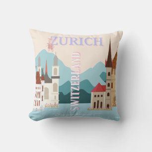 Zurich Travel Art, Switzerland Travel Art, Retro Throw Pillow